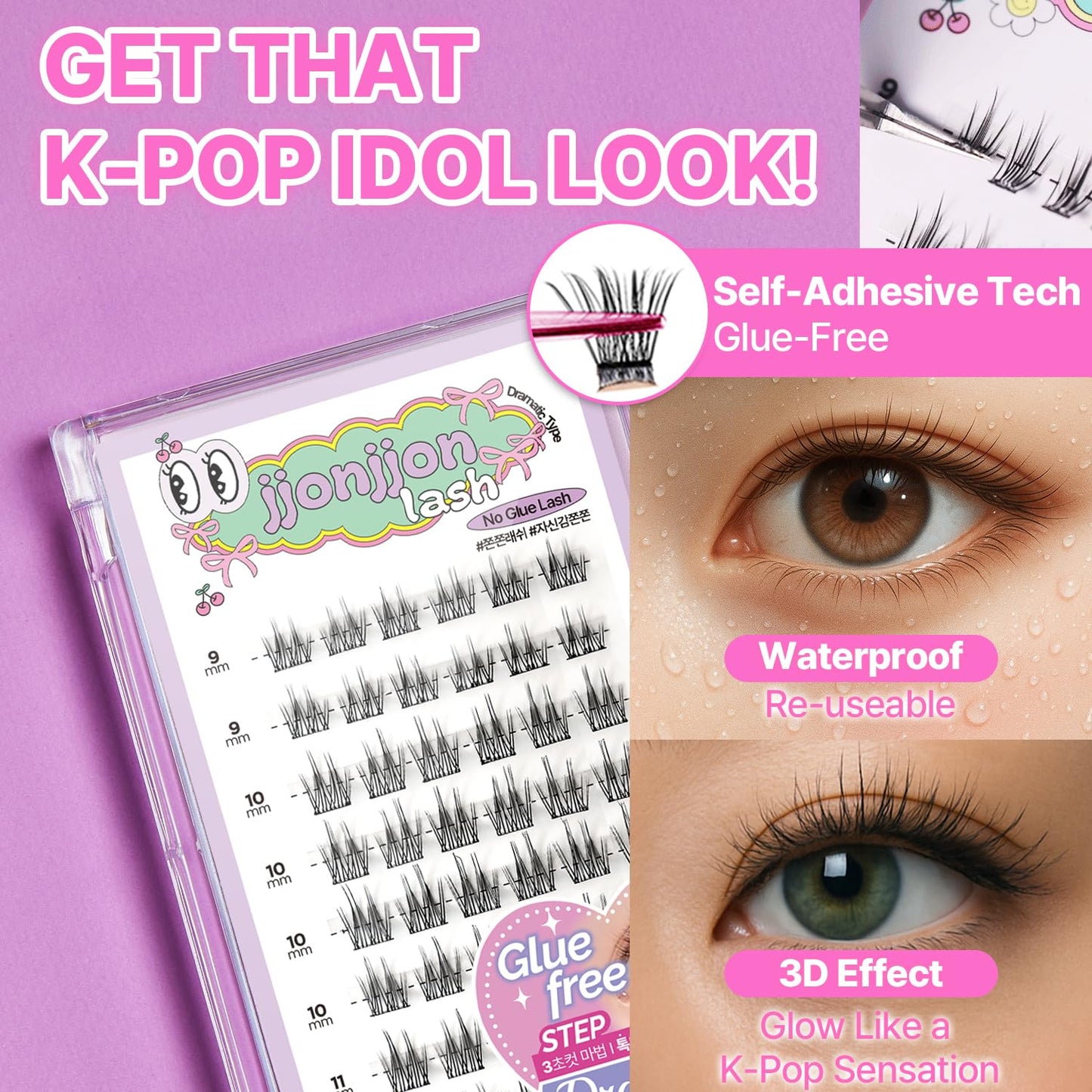 Korean Self Adhesive Lash Clusters Voluminous Look No Glue Press on Pre Bond Lash Clusters Fluffy Self Adhesive False Eyelashes No Glue Needed Reusable Wispy Eyelash Extensions