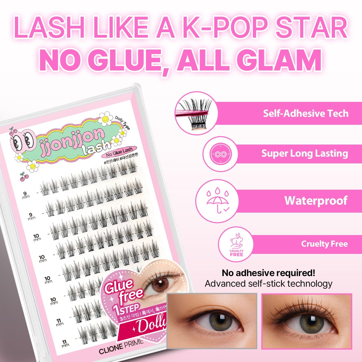 Korean Self Adhesive Lash Clusters Voluminous Look No Glue Press on Pre Bond Lash Clusters Fluffy Self Adhesive False Eyelashes No Glue Needed Reusable Wispy Eyelash Extensions